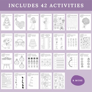 May include: A collection of black and white wedding-themed activity pages. The pages include mazes, word searches, and coloring pages. The text "INCLUDES 42 ACTIVITIES" is at the top, with the words "wedding" and "& MORE" also visible.