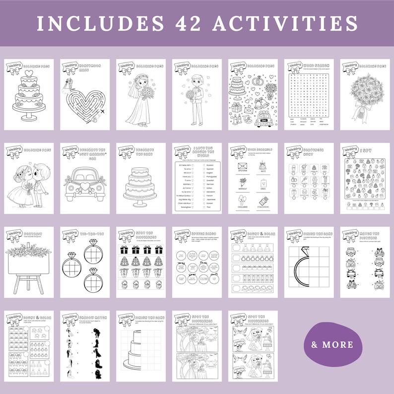 May include: A collection of black and white wedding-themed activity pages. The pages include mazes, word searches, and coloring pages. The text "INCLUDES 42 ACTIVITIES" is at the top, with the words "wedding" and "& MORE" also visible.
