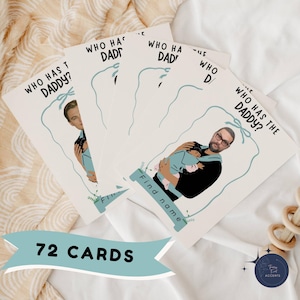 Jeu de baby shower qui a le papa, jeu imprimable à gratter, cartes numériques modifiables de célébrités sur toile, jeu de baby shower amusant de 72 cartes