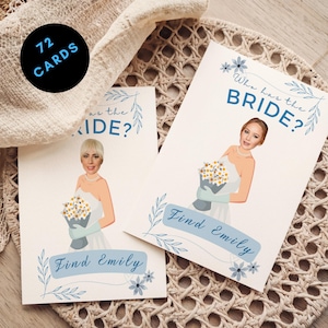 Jeu à gratter Qui a la mariée, jeu de mariage numérique bricolage, jeu de douche nuptiale modèle modifiable sur toile, quelque chose de bleu 72 cartes