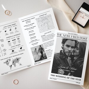 Folded Newspaper Wedding Program, Printable Wedding Timeline, Editable wedding, 4 pages Newspaper Program Template, Wedding Word Search