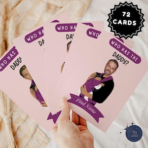 72 tarjetas para baby shower con el tema ¿Quién tiene al papá?, juego para raspar imprimible, tarjetas digitales editables de famosos en Canva, divertido juego para baby shower