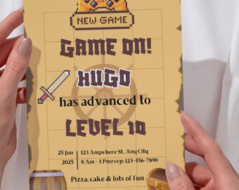 Editable Video Game Birthday Invitation: Neon Arcade Party (Digital Download, Canva Template)