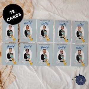 Juego para baby shower ¿Quién tiene al papá?, juego para raspar imprimible, editable digitalmente en Canva, divertido juego para baby shower, 72 tarjetas de celebridades