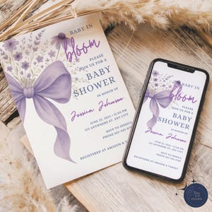Bow Baby Shower Invitation | Editable Wildflower Baby in Bloom Template, Digital Coquette Bow Invite for Girls, Floral Shower Invite Canva