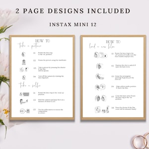 May include: Two printable pages with instructions on how to use an Instax Mini 12 camera. The first page shows how to take a picture and a selfie. The second page shows how to load a new film pack.