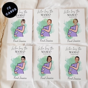 Qui a un bébé, maman, jeu de baby shower, modèle imprimable sur toile, cartes numériques modifiables de célébrités, jeu de baby shower drôle de 72 cartes