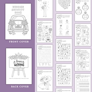 May include: Black and white wedding activity book with a car illustration on the front cover and a sign that says "Happy Wedding" on the back cover. Inside are coloring pages, mazes, and I Spy games.