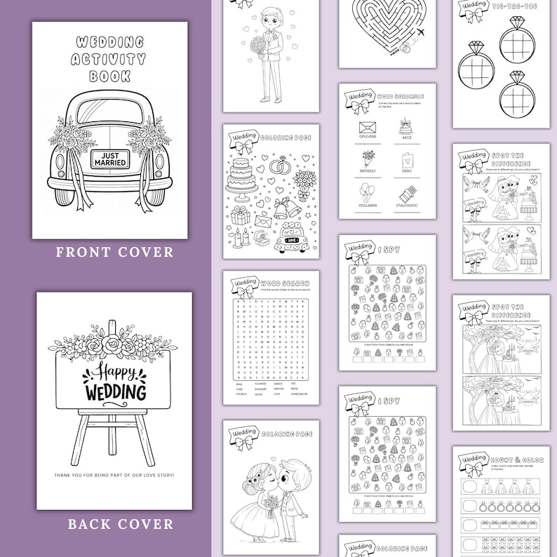 May include: Black and white wedding activity book with a car illustration on the front cover and a sign that says "Happy Wedding" on the back cover. Inside are coloring pages, mazes, and I Spy games.