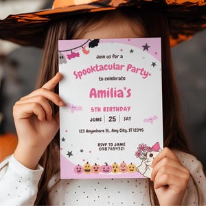 Pink Halloween Birthday Invitation, Cute Ghost Witch Spooky Girl Party Invite, Editable 5th Birthday, Spooktacular Halloween Invite Canva