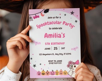Pink Halloween Birthday Invitation, Spooky Girl Party, Canva Template (Digital Download)