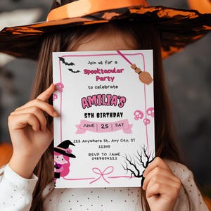 Pink Witch Halloween Birthday Invitation, Editable Spooky Girl Costume Party Invite, Cute Ghost 5th Birthday, Spooktacular Halloween Invite