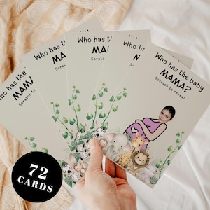 Safari: ¿Quién tiene al bebé? Juego para baby shower, plantilla imprimible en Canva, tarjetas digitales editables de famosos, juego divertido para baby shower.