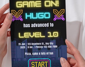 Gamer Birthday Invitation: Neon Arcade Party, Editable Canva Template (Digital Download)