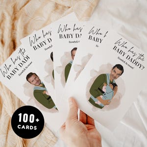 Gioco per baby shower "Chi ha il papà del bambino?", modello stampabile su Canva, biglietti d'auguri digitali modificabili con celebrità, divertente gioco per baby shower, oltre 100 biglietti