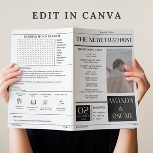 Editable Wedding Newspaper Program, Newspaper Wedding Program Template, wedding timeline, Crossword, Printable Wedding Newspaper, Canva Edit