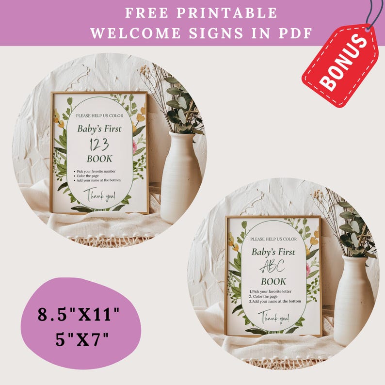 Pu&ograve; includere: Due cartelli di benvenuto incorniciati con accenti floreali, con la scritta "Baby's First 123 BOOK" e "Baby's First ABC BOOK". I cartelli sono circondati da una cornice dorata. L'immagine include anche un'etichetta bonus e opzioni di dimensioni di 21,6 cm x 27,9 cm e 12,7 cm x 17,8 cm.