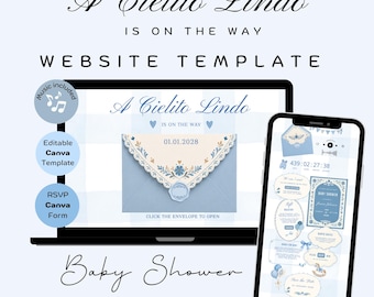 May include: A digital baby shower website template featuring a laptop and smartphone display. The design uses a light blue and cream color palette with floral envelope graphics, text reading A Cielito Lindo Is On The Way, and icons for music, editable Canva templates, and RSVP forms.