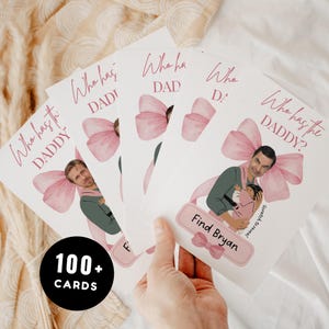 Noeud rose de jeu de baby shower qui a le papa, jeu imprimable à gratter, cartes de célébrités modifiables sur toile, jeu de baby shower 108 cartes