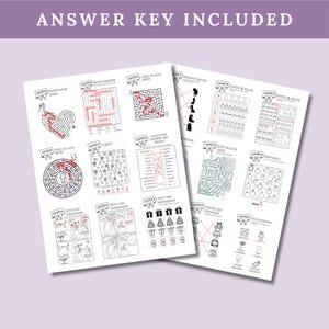 May include: Two white sheets of wedding-themed activity pages with black line art. The pages feature mazes, word searches, and matching games. The text "ANSWER KEY INCLUDED" is at the top in a purple banner.