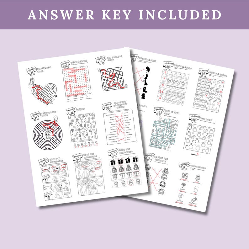 May include: Two white sheets of wedding-themed activity pages with black line art. The pages feature mazes, word searches, and matching games. The text "ANSWER KEY INCLUDED" is at the top in a purple banner.