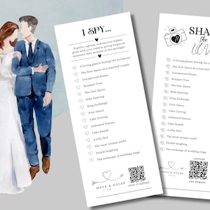 May include: Two printable cards with a wedding theme. The first card has the text "I Spy..." and a list of wedding-related items to find. The second card has the text "Share the Love" and a list of wedding-related moments to capture. Both cards have a QR code.