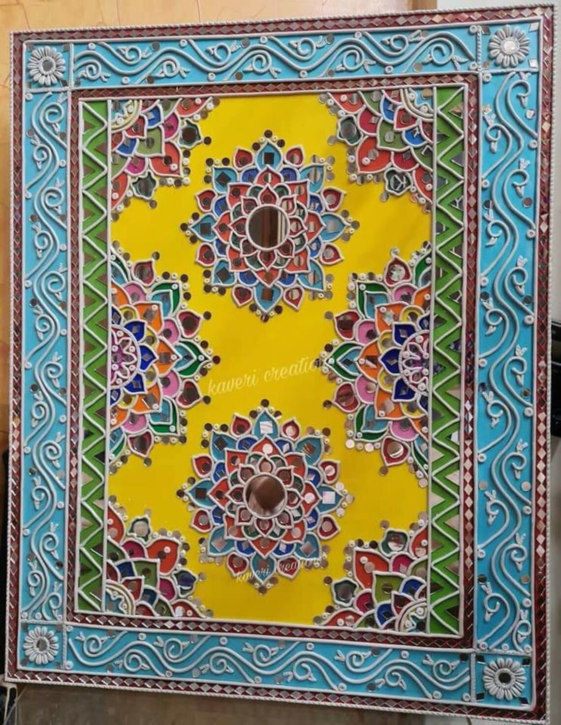 Lippan Art ,wall Decor, Flower Rangoli Lippan Wall Hanging Clay Mirror