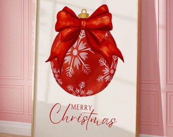 Vrolijk kerstfeestposter, rode kerstbal, trendy rode strikken, kunst aan de muur kerst, kerstversiering afdrukken, kerstafdruk, decoratie muurdecoratie