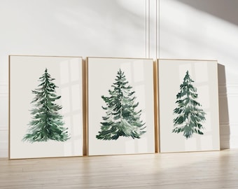 Christmas Tree Prints Set of 3, Pine Tree Botanical Art Printable Christmas Tree Pine Tree Watercolor Print Christmas Decor Digital Download