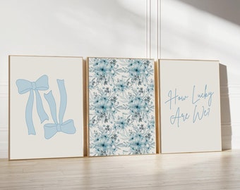 How Lucky Are We Print Set of 3, Blue Floral Bow, Aesthetic Trendy Wall Art, Coastal Dorm Decor, Coquette Bow, Dorm Room Wall Decor Cute Art