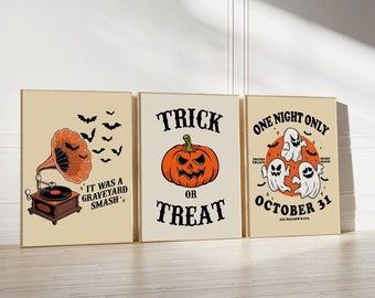 Halloween Set of 3 Prints, Halloween Gallery Wall Art, Boho Halloween Printable Wall Art, Pumpkin Poster, Spooky Prints, Digital Download