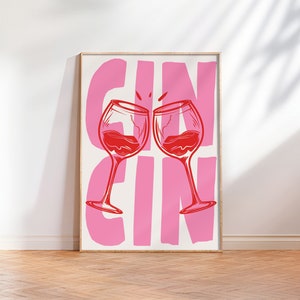 Puede incluir: Una impresión rosa y roja con la palabra "GIN" y dos copas de vino brindando.