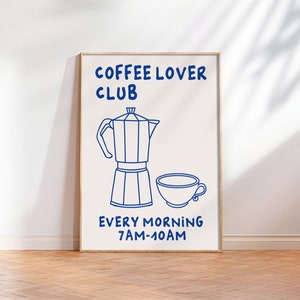Impresión del club de amantes del café, póster de desayuno, impresión de espresso Moka Pot, impresión de cocina dibujada a mano, póster de café, regalo para amantes del café, bebida retro