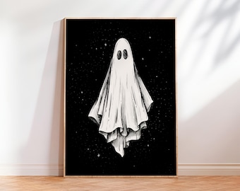 Upiorny duch Halloween, modne nadruki na Halloween, wystrój na Halloween w stylu vintage, upiorna sztuka ścienna, sztuka retro Halloween, plakat ze sztuką duchów do wydrukowania