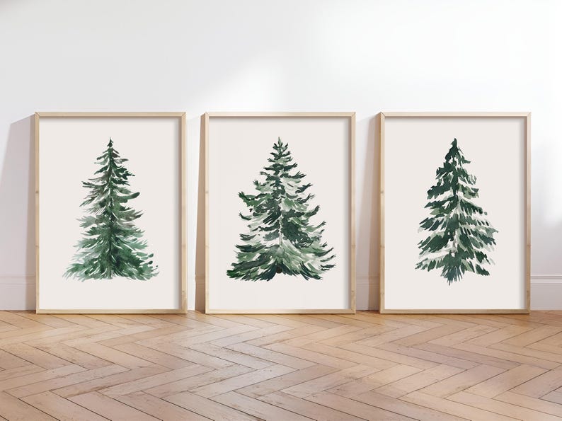 Christmas Tree Prints Set of 3, Pine Tree Botanical Art Printable ...
