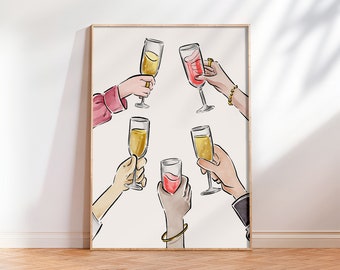 Bar Cart Print, Cheers Print, Bar Cart Decor, Cocktail Art Print, Retro Kitchen Wall Art, Bar Cart Art, Trendy Wall Art Drinks Print Digital