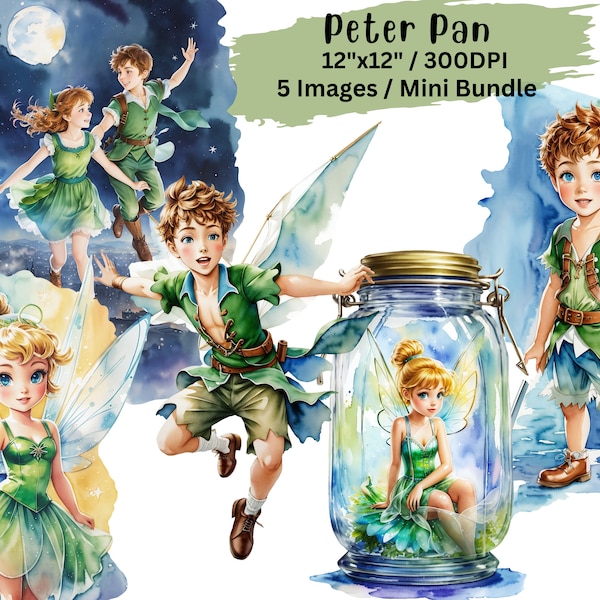 Peter Pan Watercolor Clipart, PNG, High Resolution, Digital Download, Cute Cartoon, Commercial Use, Printable, fantasy, Tinkerbell, Wendy