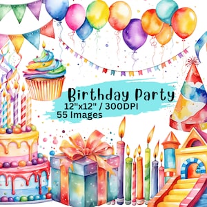 55 Birthday Party Aquarelle Clipart, Party Cake, Présent, Ballons, PNG Bundle, Fond transparent, Téléchargement numérique, Utilisation commerciale