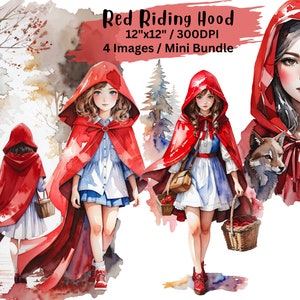 Little Red Riding Hood Watercolor Clipart, PNG, High Resolution, Digital Download, Cute Cartoon, Commercial Use, Fairytale, Fantasy