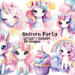 55 Cute Unicorn Watercolor Clipart, Rainbow Clipart, Cartoon, PNG, Unicorn PNG, Commercial Use, Transparent, High Resolution, Unicorn Party