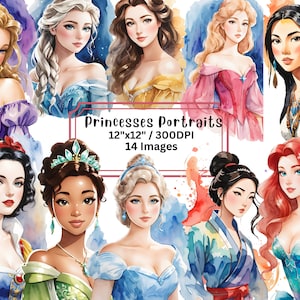 Prinzessin Aquarell Clipart, Portraits, Komplettes Set, Niedlicher Cartoon, PNG, Transparenter Hintergrund, 300 DPI, Hohe Auflösung, Illustration