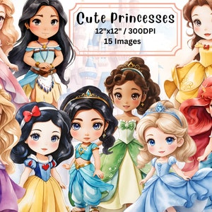 Schattige prinses aquarel clipart, volledige set, tekenfilm, illustratie, PNG, transparante achtergrond, 300 DPI, hoge resolutie, babyprinses