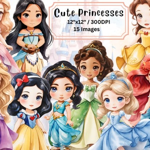 Cute Princess Watercolor Clipart, Full Set, Cartoon, Illustration, PNG, Transparent Background, 300 DPI, High Resolution, Baby Princess