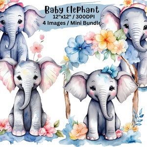 Baby Elephant Watercolor Clipart, Mini Watercolor Clipart Set, Safari PNG, High Resolution, Digital Download, Commercial Use, Forest Animal