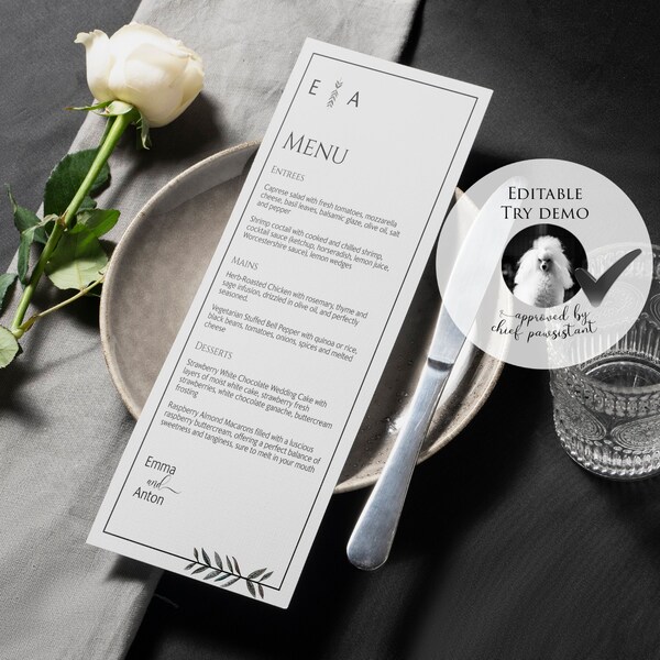 Modern Wedding Table Menu Template 4x9, Editable Buffet Card, Printable Dinner Infographic, Custom Restaurant Menu, Instant Download M1