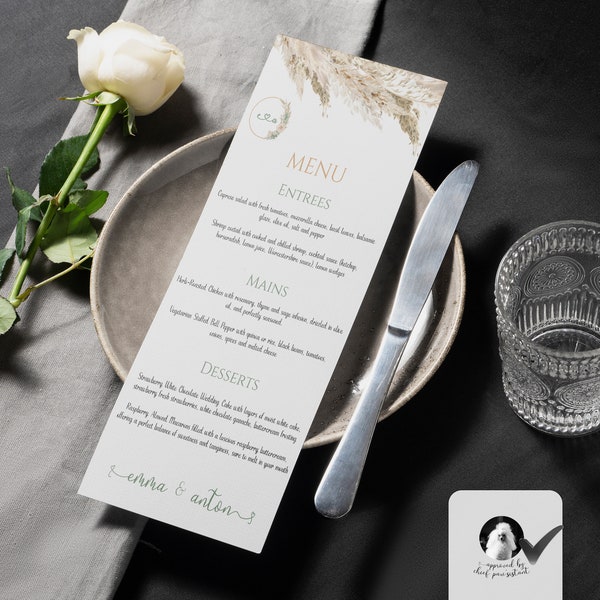 Wedding Table Menu Template 4x9, Editable Buffet Card, Printable Dinner Infographic, Restaurant Menu, Instant Download, Pampas Boho, P1
