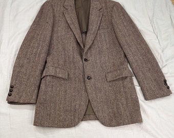 Vintage Harris Tweed sport coat size L mens brown herringbone USA *flaws Jacket