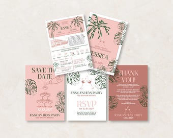Puede incluir: Un conjunto de cinco tarjetas de invitación rectangulares en tonos rosa y terracota, con dibujos de líneas negras de hojas de palmera y copas de champán. El texto incluye "Save the Date", "Jessica's Hens Party", "RSVP" y "Thank You" con fechas y detalles.