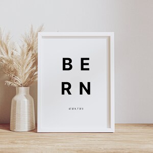 Bern poster with coordinates | Minimalist in black and white | High quality mural | Poster in wooden frame | Decoration ready to hang