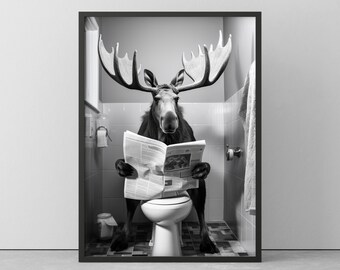 Moose On Toilet | Funny poster for bathroom | Moose Wallart black/white | Poster in a wooden frame | Mural Ready to hang